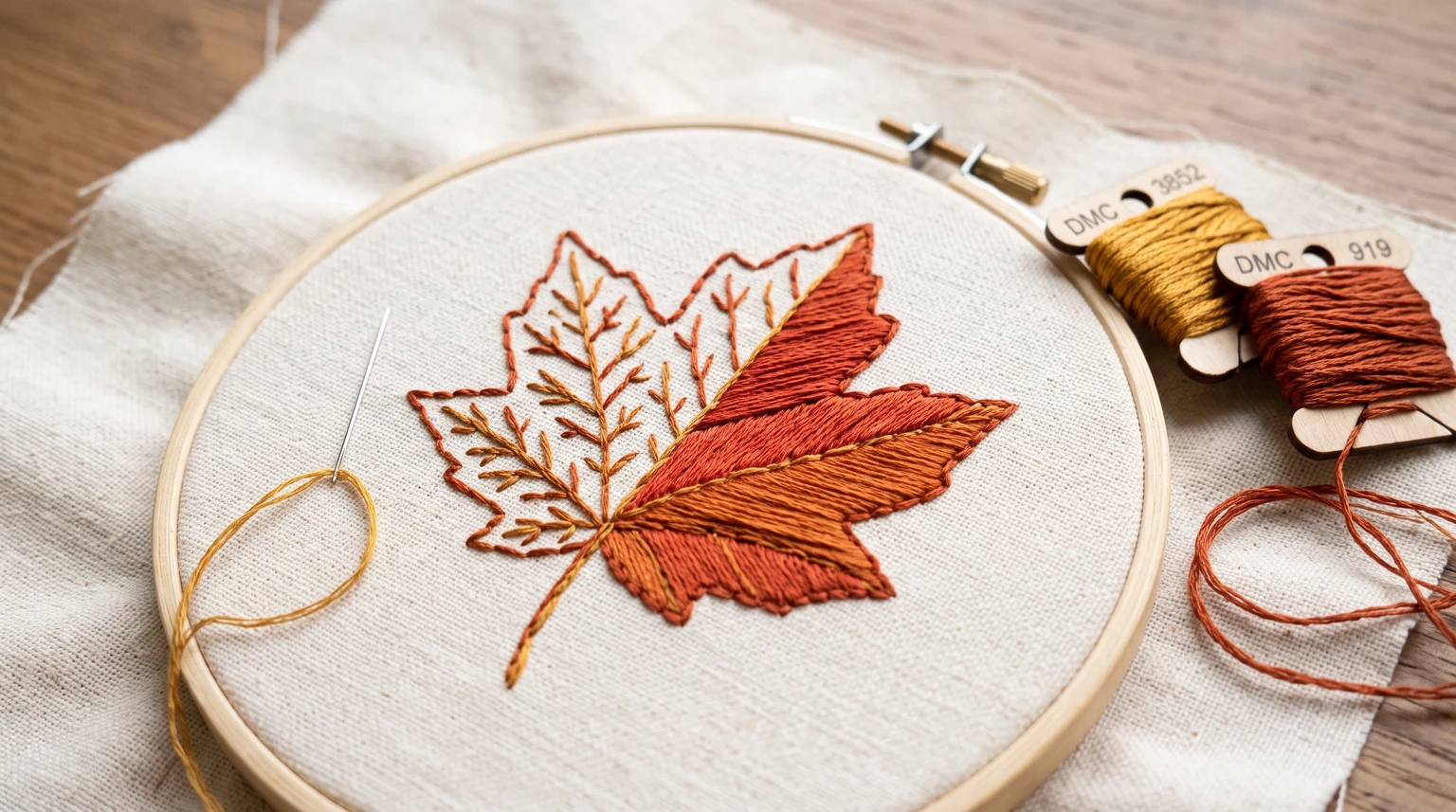Partly filled orange and rust maple leaf with stitched veins beside warm thread bobbins