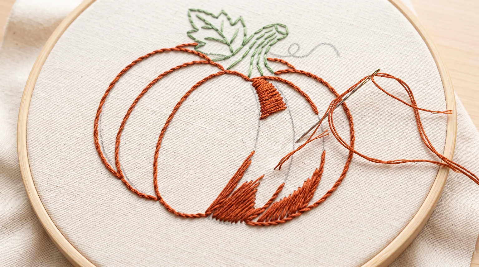 Partly filled orange pumpkin with curved rib outlines and faint leaf marks in a hoop