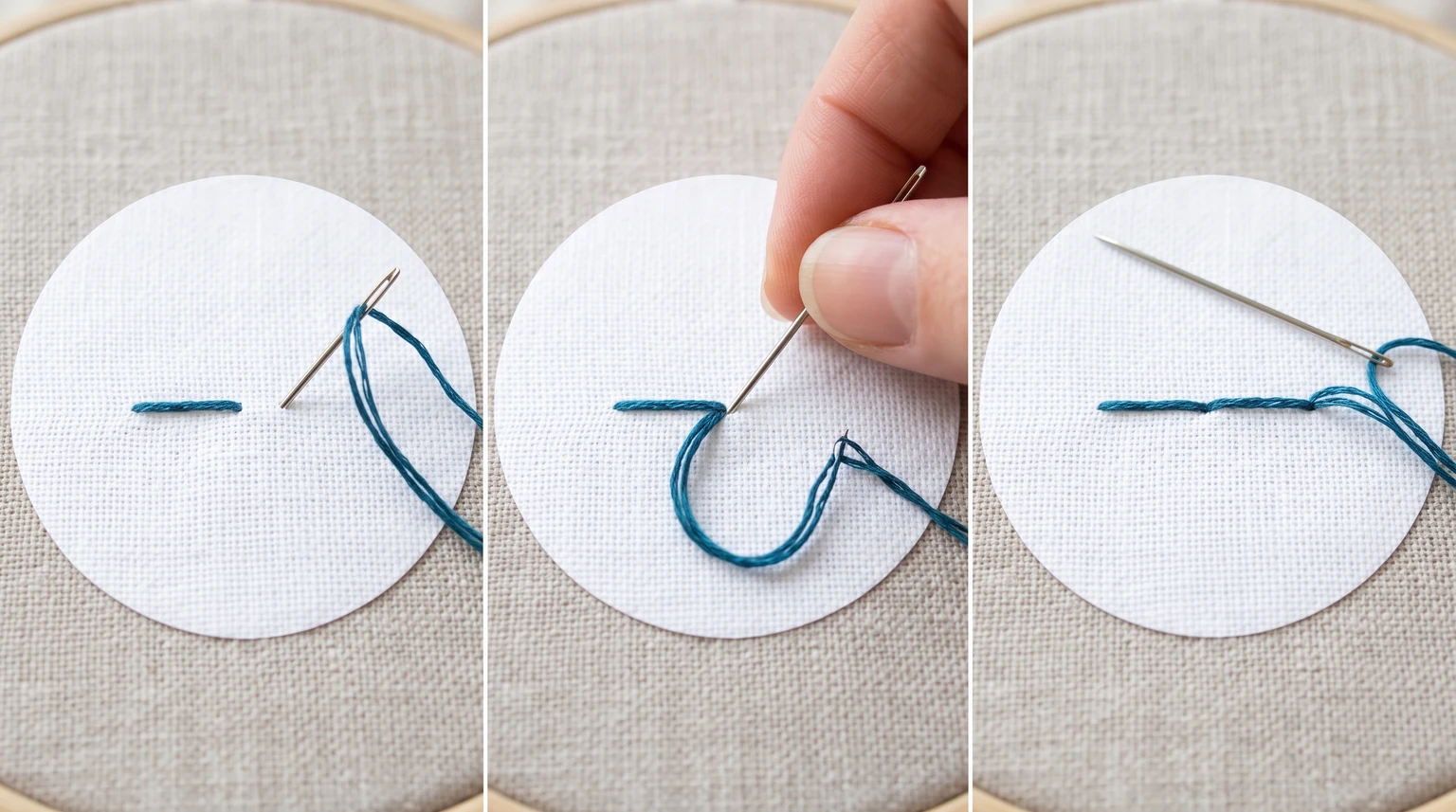 Three panels showing a short blue stitch, the needle returning to its endpoint and a connected stitched line