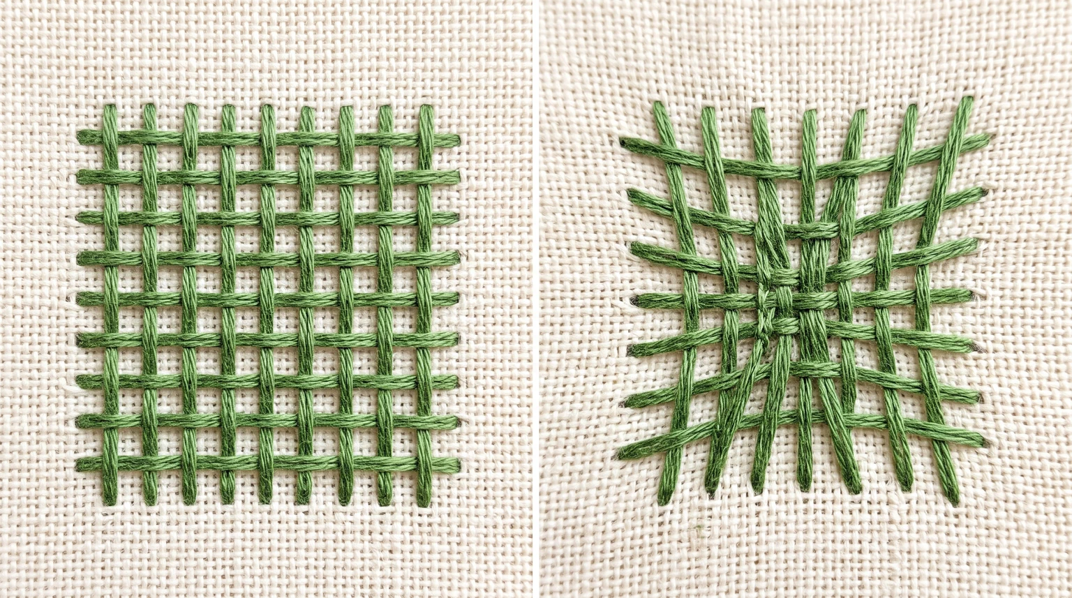 Two green woven grids, one evenly spaced and one drawn inward with distorted foundation strands