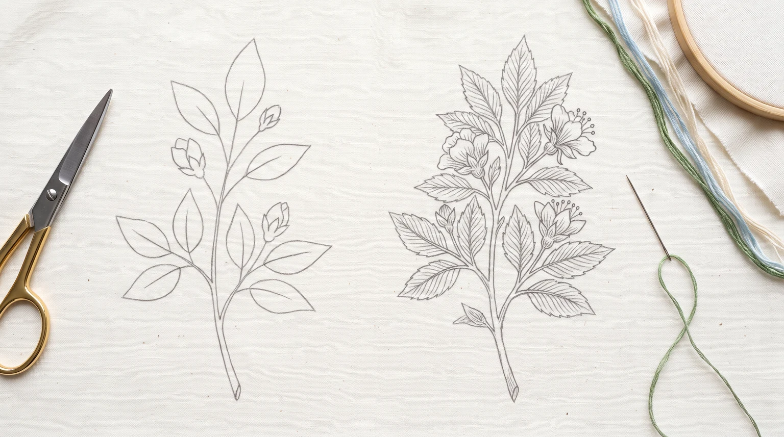 Simple sprig outline beside a more detailed botanical drawing at similar scale