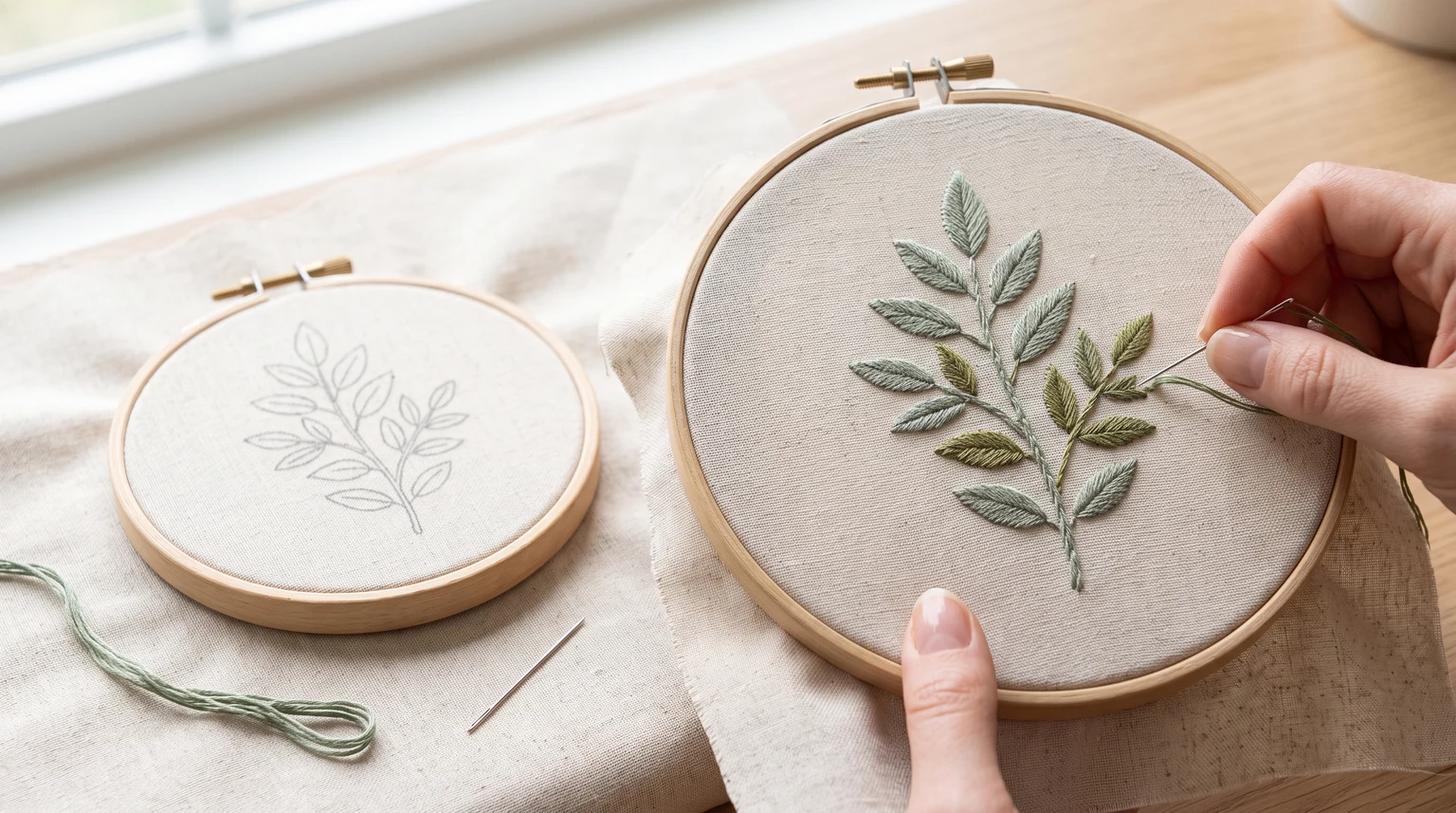Simple sprig outline in a small hoop beside a larger partly stitched leafy sprig