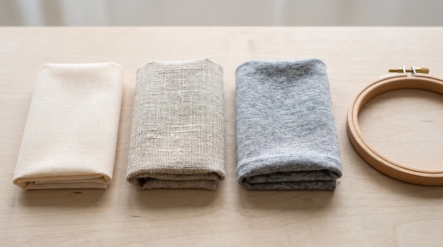 Three folded light and gray fabric samples with different surface textures beside a wooden hoop
