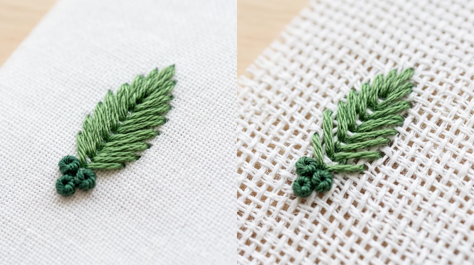 Green stitched leaf and knot samples on compact woven fabric and on a much more open weave