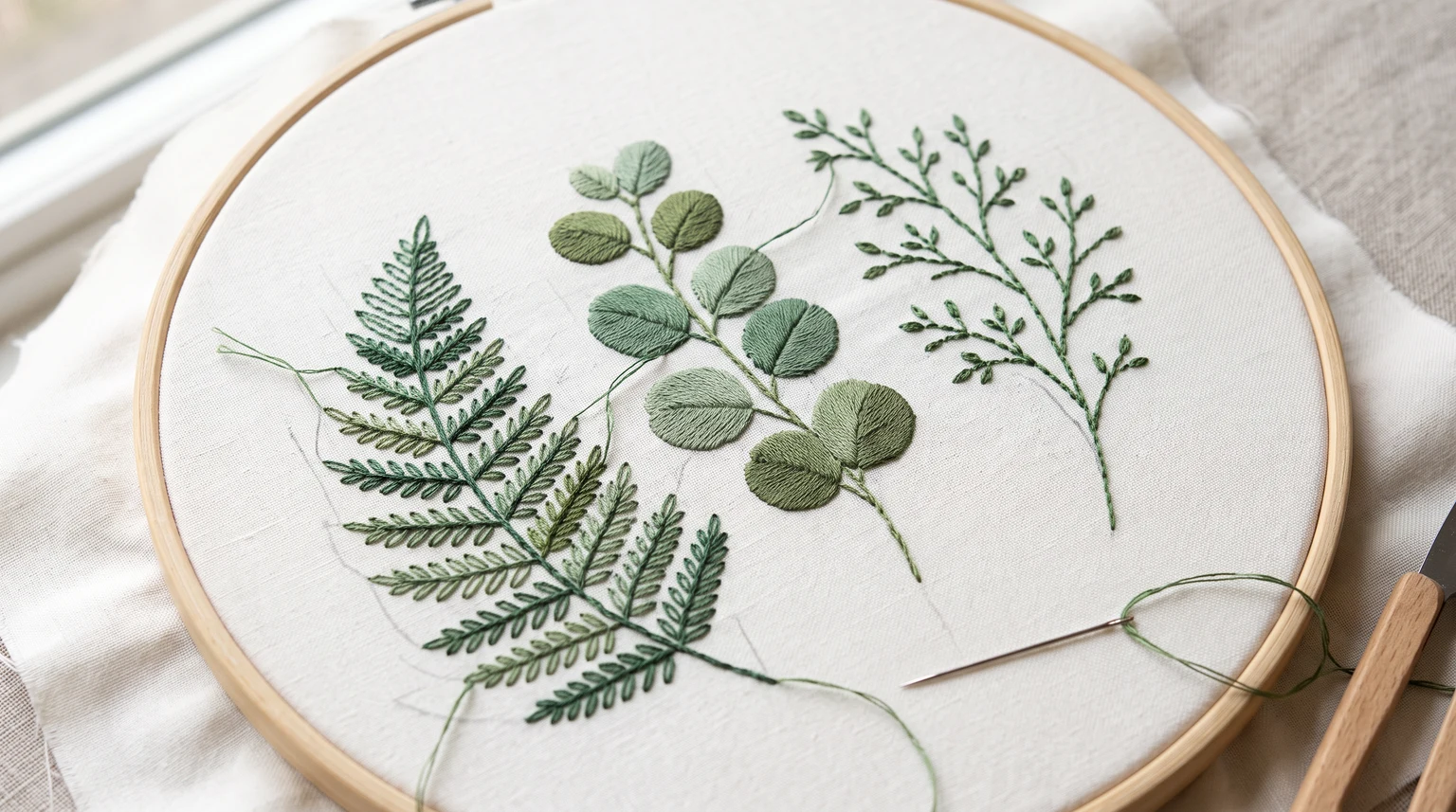 Botanical embroidery study with a fern-like frond, rounded leaves and fine branching sprig