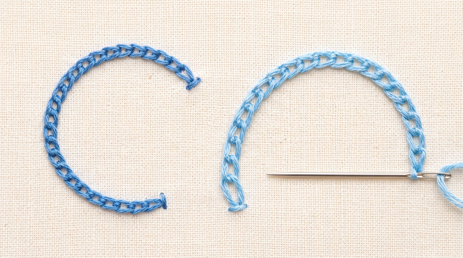 Two curved lines made from blue open chain loops of different lengths