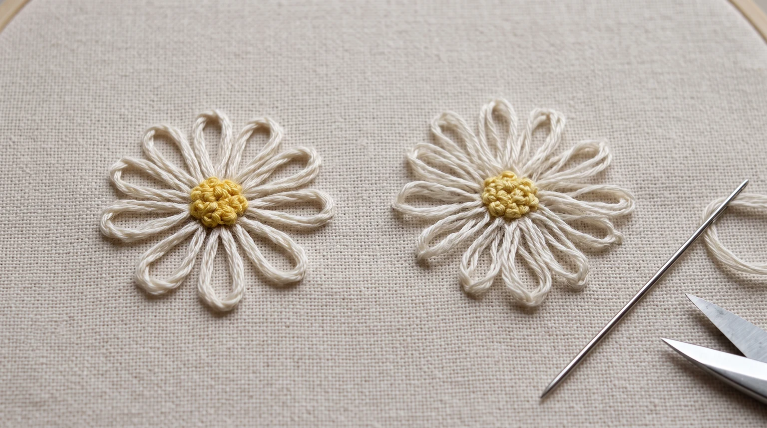 Two daisies with visibly different petal spacing and loop shapes