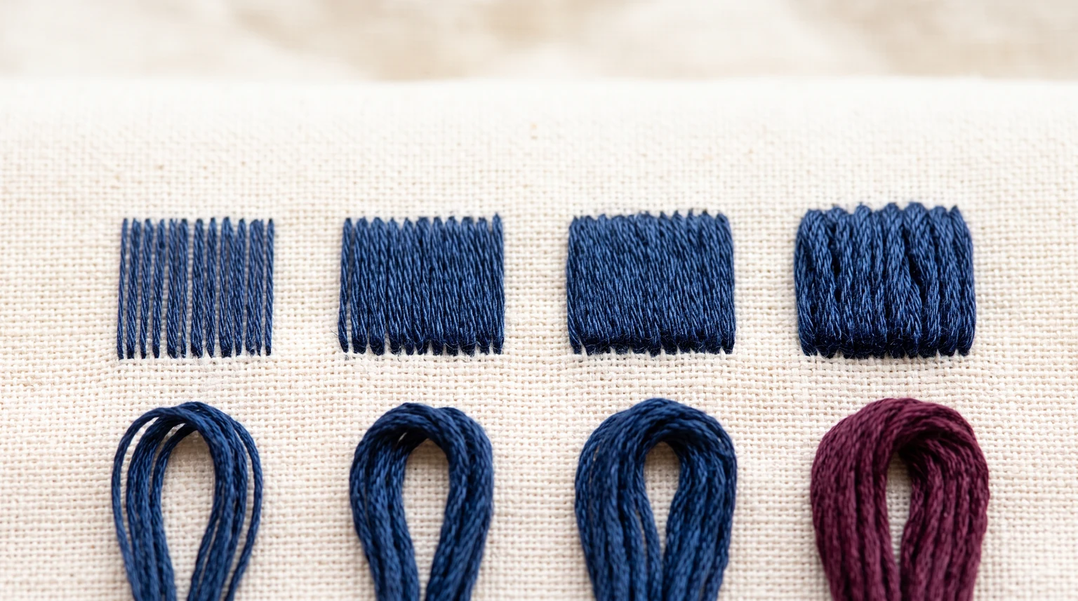 Four blue stitched fill samples with different coverage above thread bundles