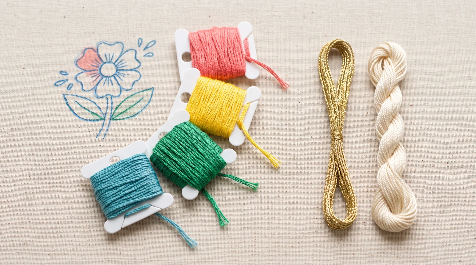 Coral, yellow, green and blue thread bobbins beside a flower outline, gold metallic thread and cream twisted thread