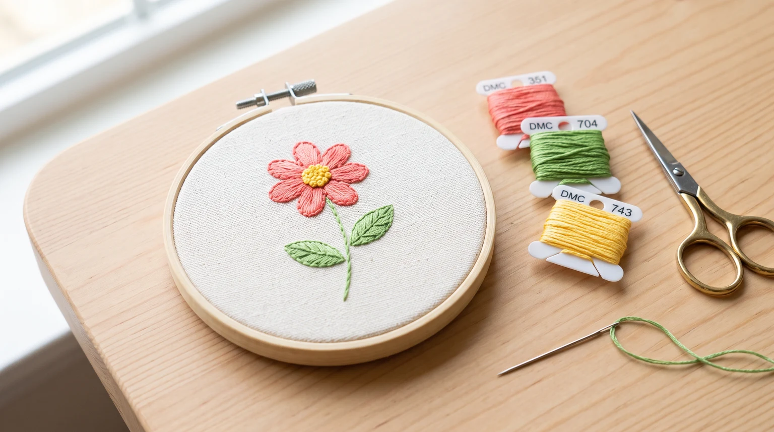 Simple coral flower hoop beside three floss bobbins and small scissors