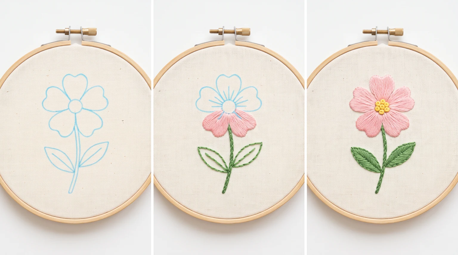 Three flower hoops showing a drawn outline, partially stitched petals and a completed flower