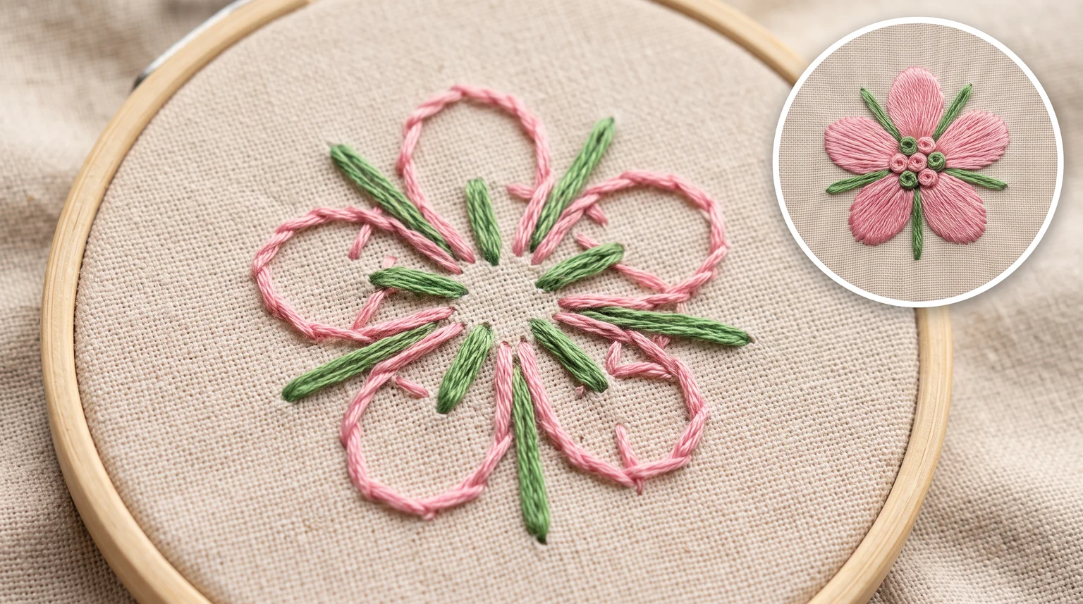 Back of a flower embroidery with long exposed travel threads and a small front-view inset
