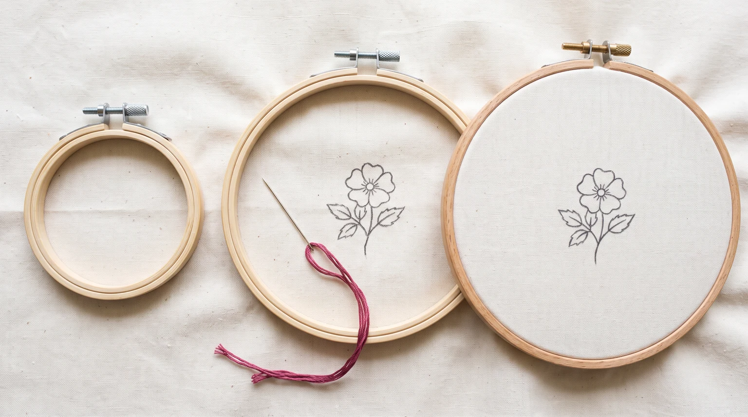 Three wooden hoops of different sizes with matching flower outlines in the two larger hoops