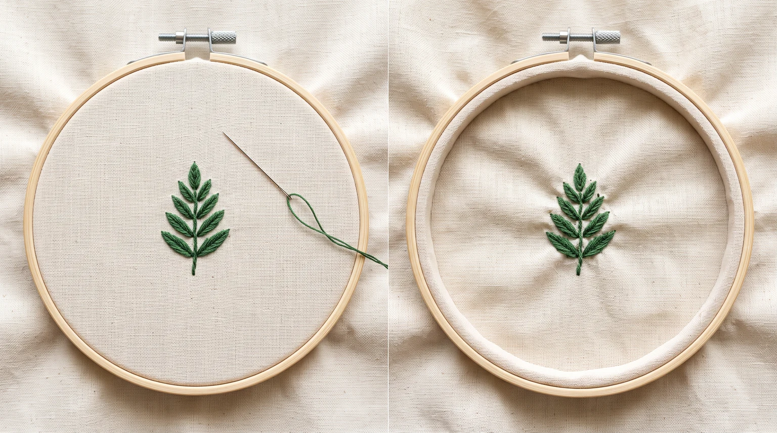 Matching embroidered green sprigs in two hoops, with flat fabric on the left and loose wrinkled fabric on the right