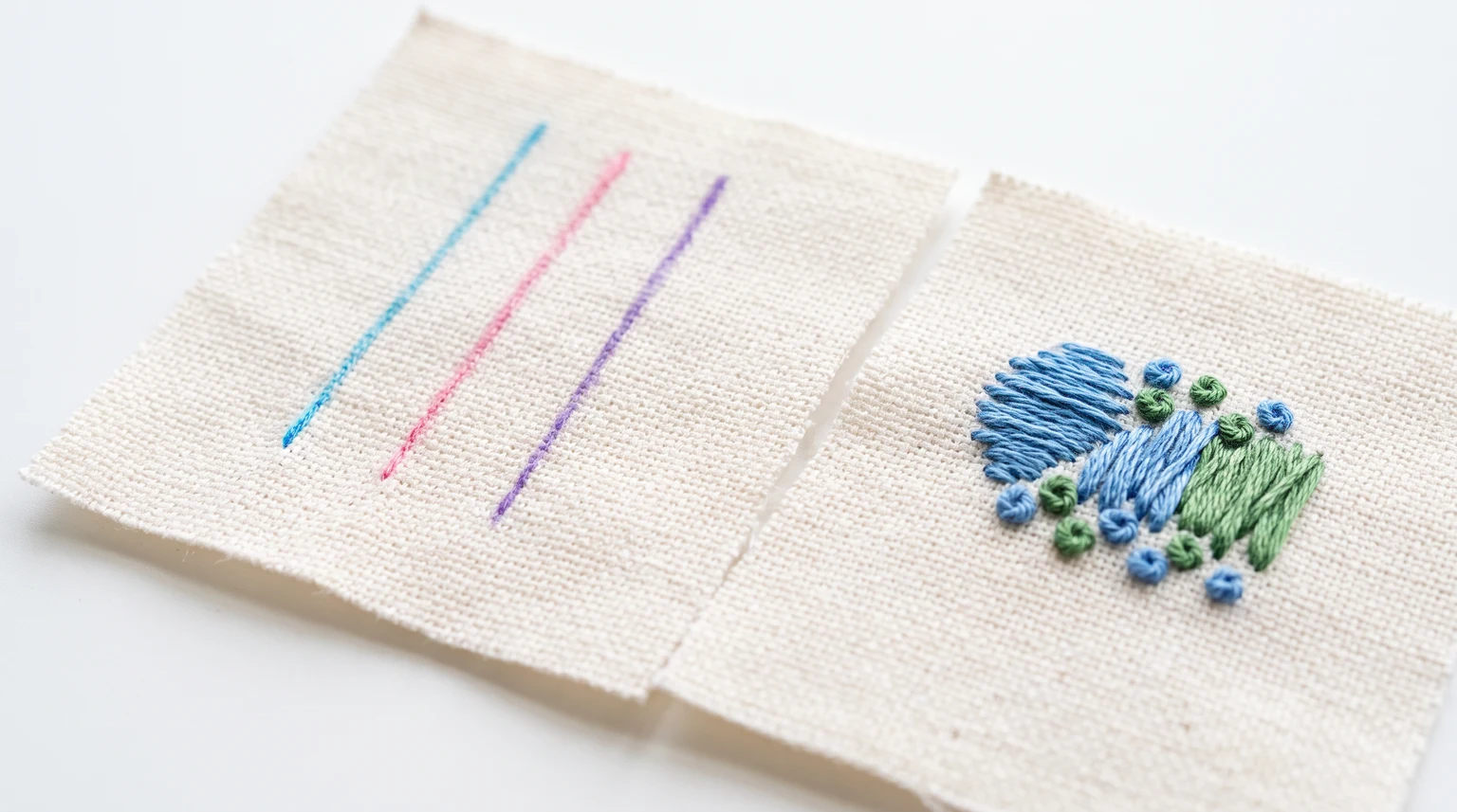 Three colored test lines on a fabric scrap beside a small stitched sample