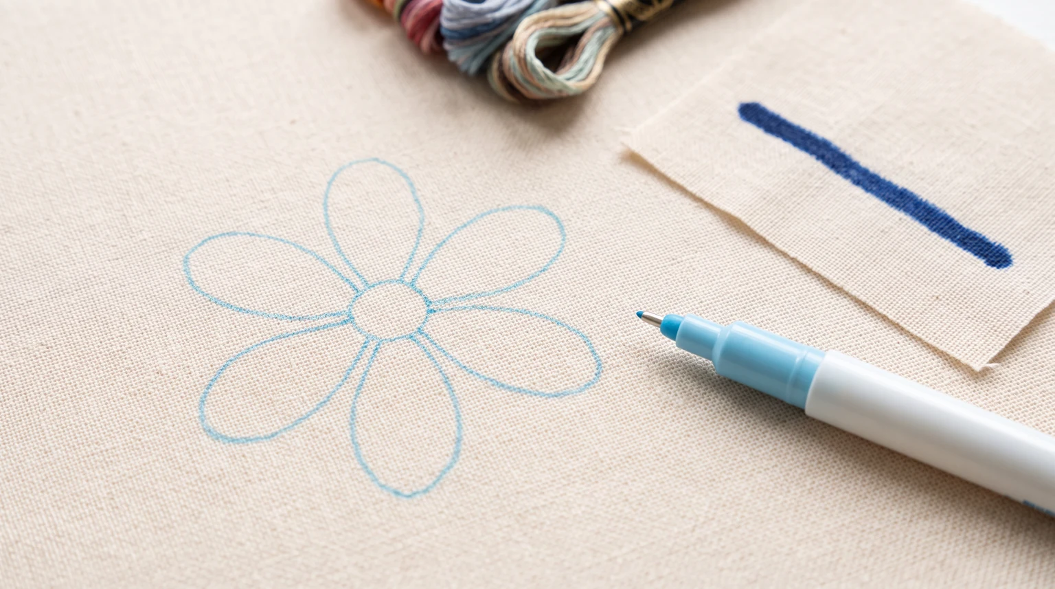 Thin blue flower outline on cloth beside a marking pen and a separate scrap bearing a thick blue mark