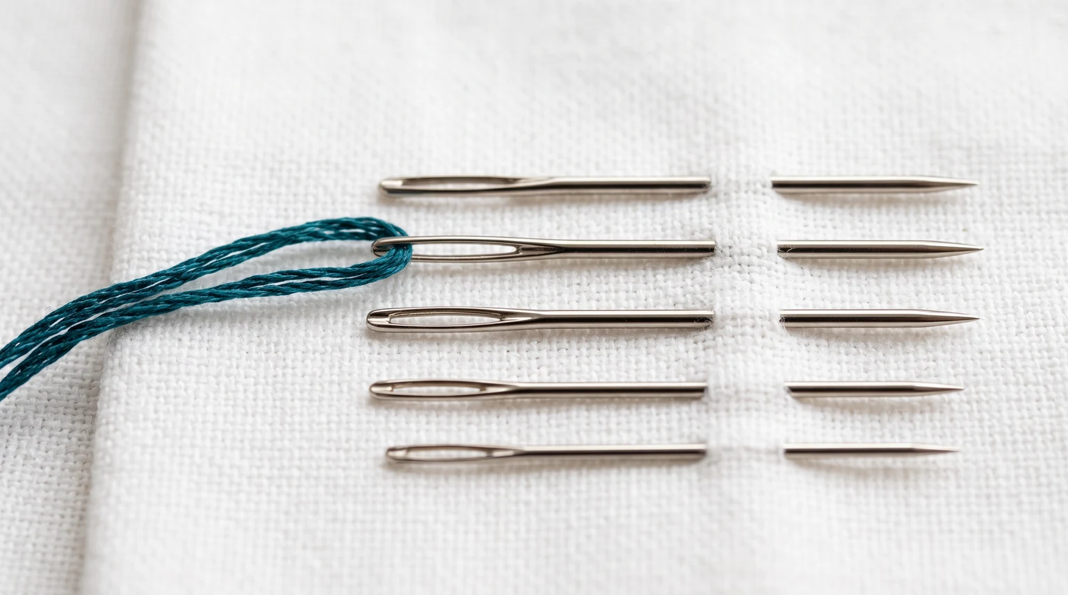 Five metal needles with elongated eyes on woven cloth, including one carrying teal floss