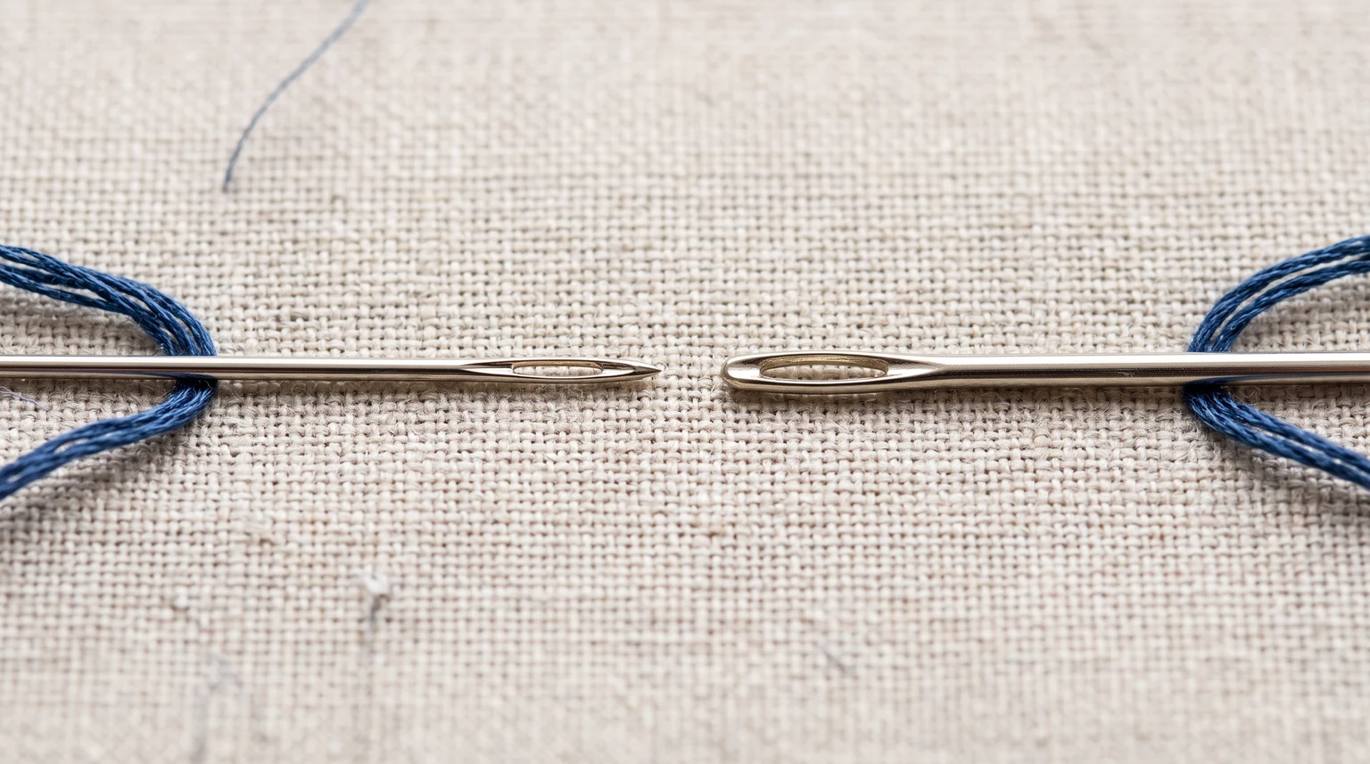 Close-up of two elongated needle eyes with different opening sizes on woven fabric