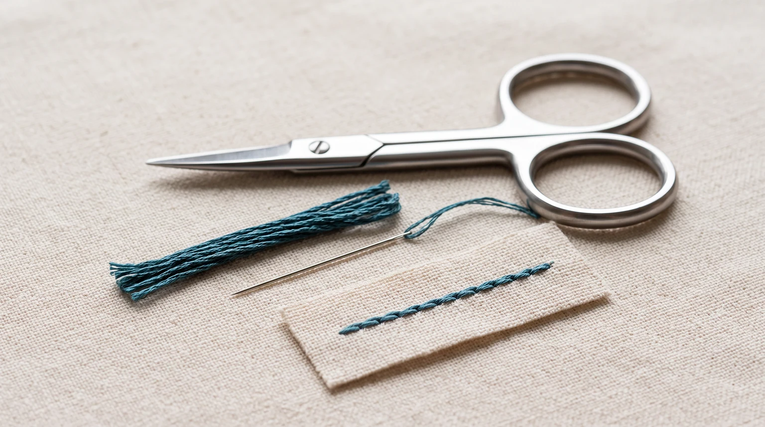 Small pointed embroidery scissors beside teal floss, a needle and a stitched sample