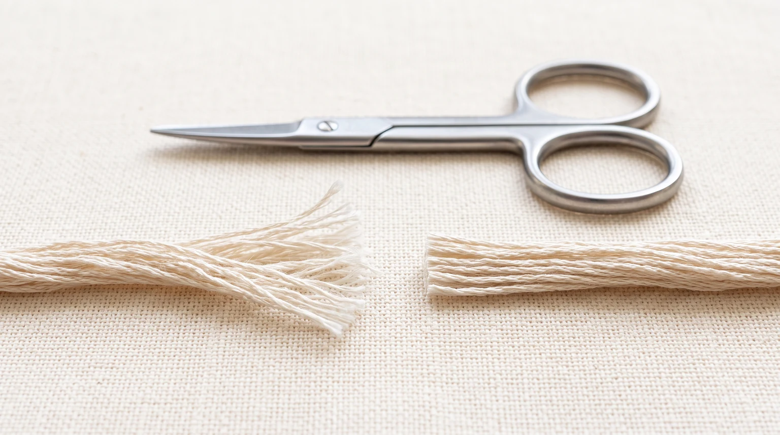 Closed small scissors above a frayed cotton thread end and a more evenly trimmed end
