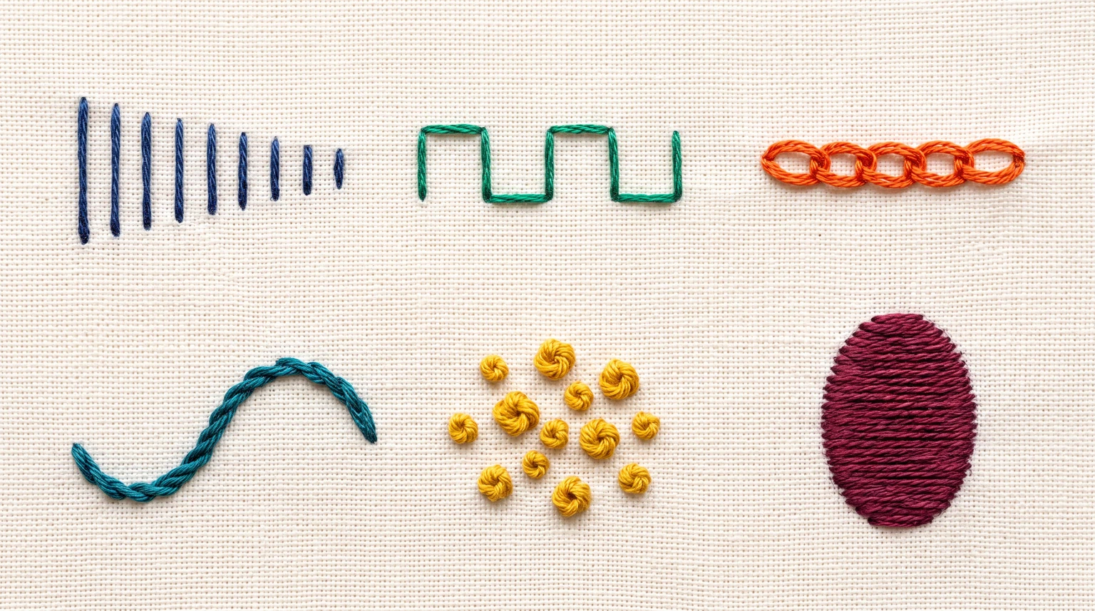 Sampler of short straight stitches, an angular line, chain loops, a curved textured line, knots and a solid oval