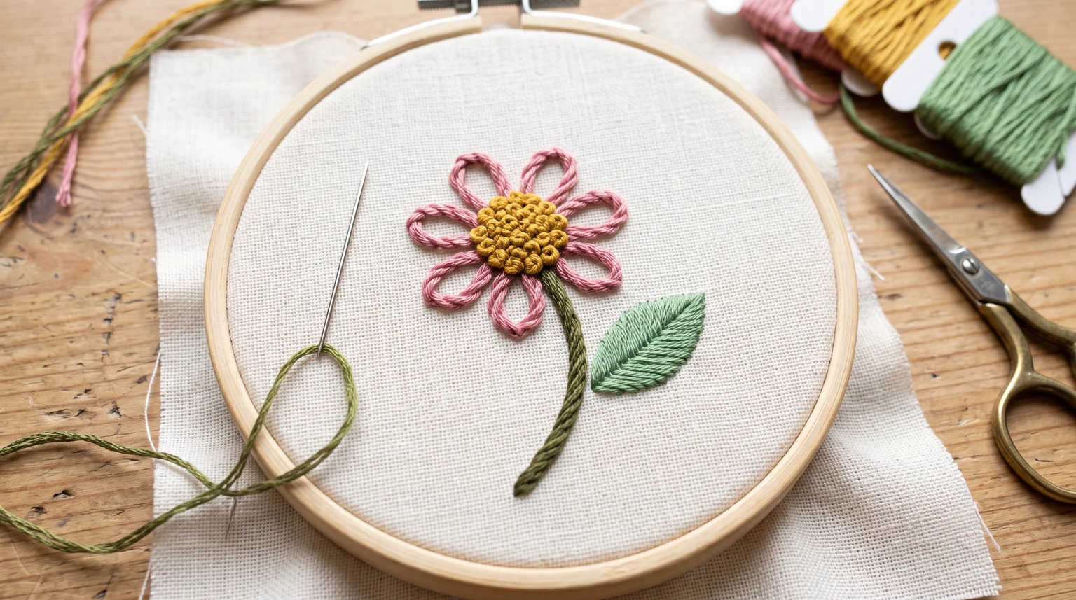 Pink loop-petal flower with raised yellow center, green stem and filled leaf in a hoop