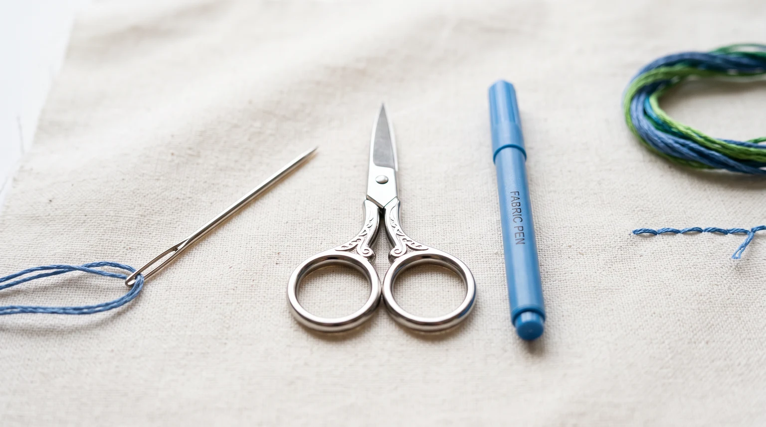 Threaded needle, small pointed scissors and a fabric marking pen on light cotton