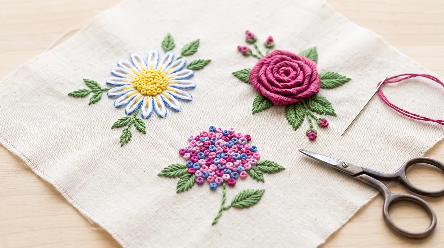 Daisy, raised rose and colorful knot-flower cluster on light fabric