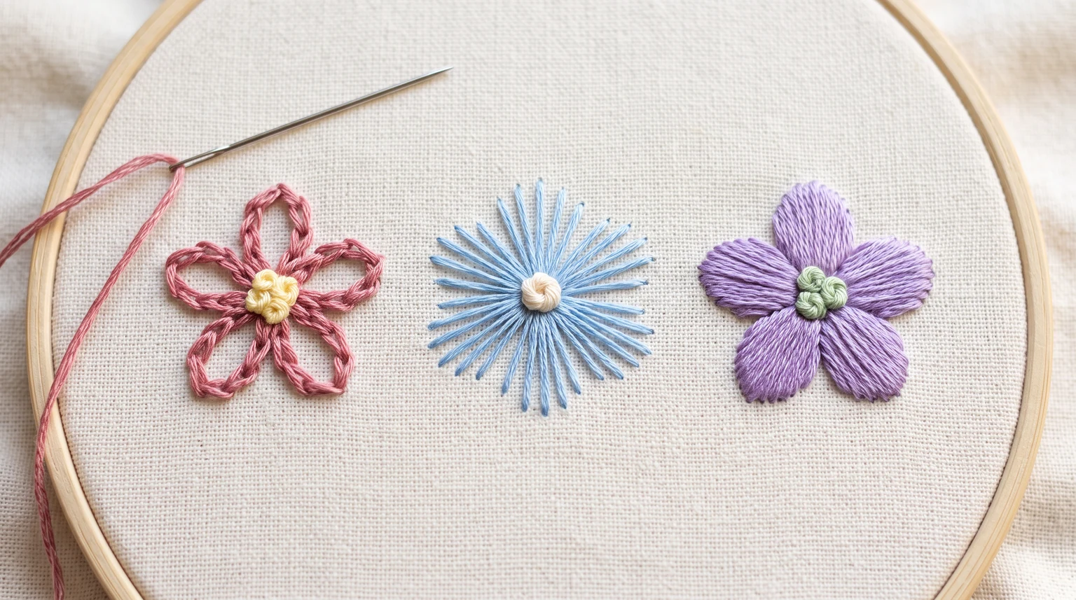 Three flower samples with open loop petals, thin blue straight-ray petals and solid purple petals