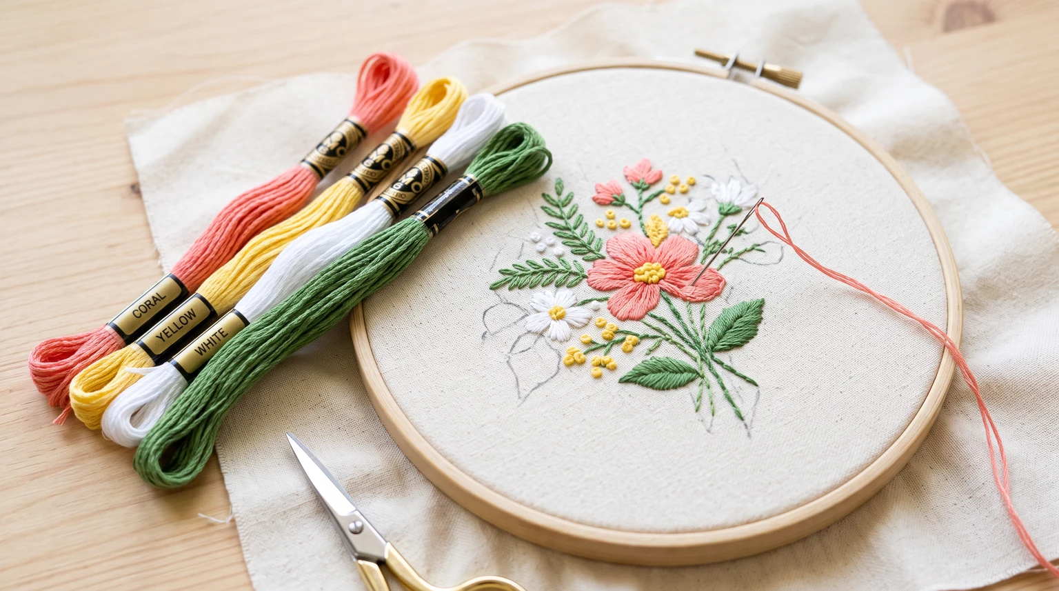 Small colorful floral arrangement in a hoop beside a matching limited floss palette