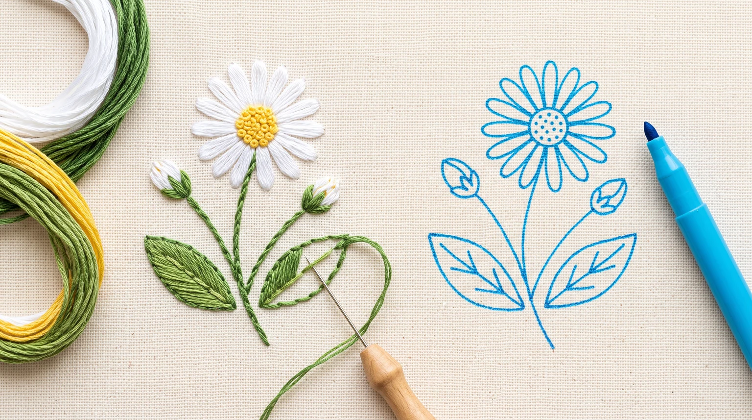 Stitched white daisy sprig beside a blue floral outline with petals, buds and leaves