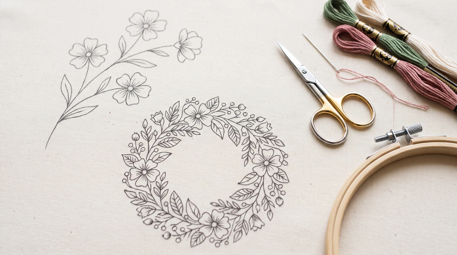 Simple three-flower sprig drawing beside a more detailed circular floral wreath