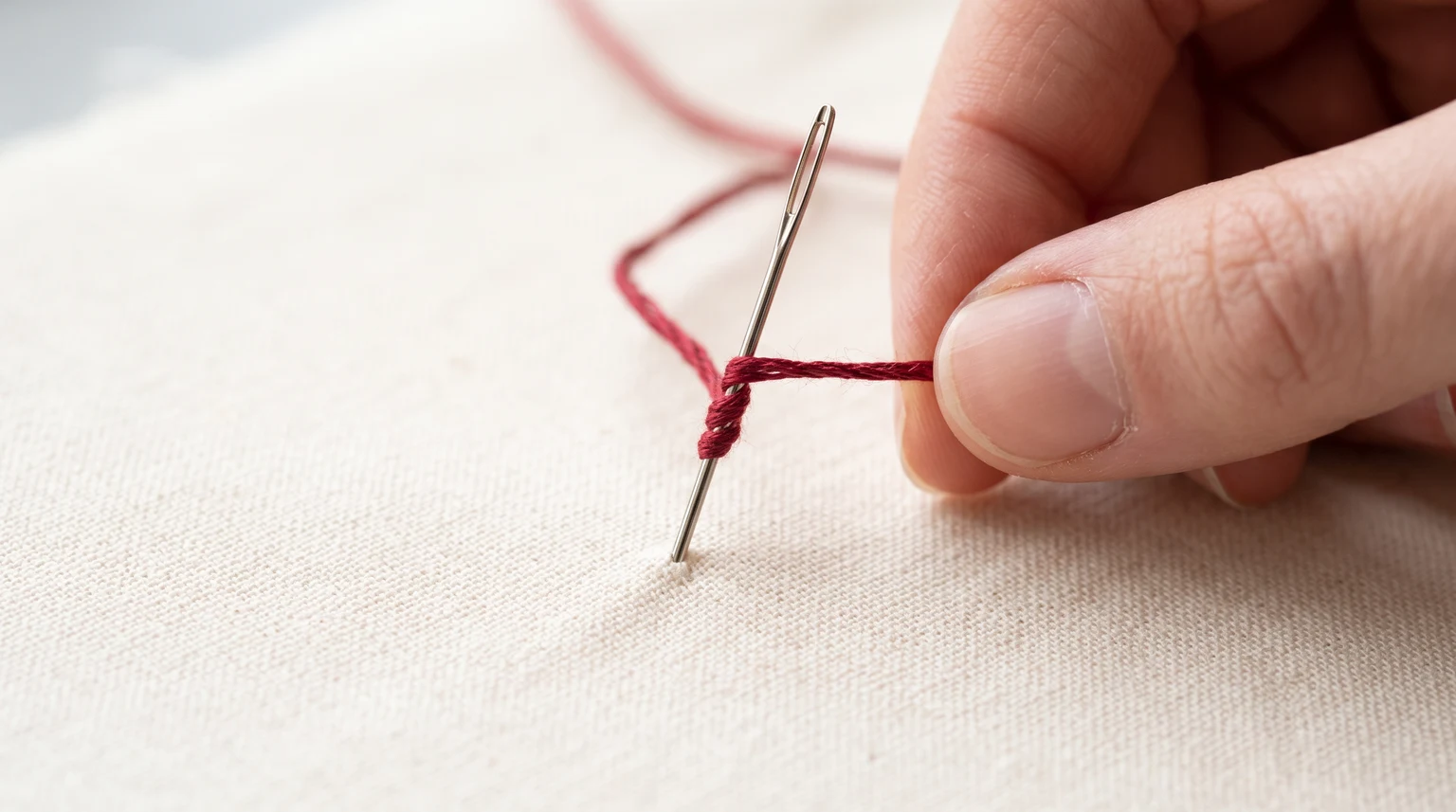 Red floss wrapped around a needle shaft while the working thread is held to one side above fabric