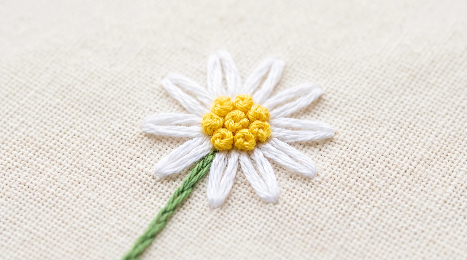 White daisy petals surrounding a raised cluster of yellow knots