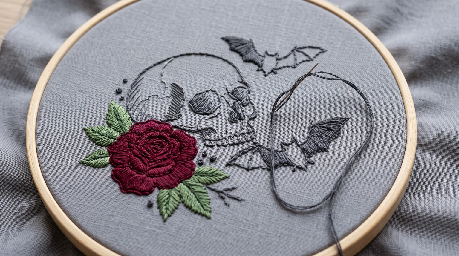 Gray hoop with a skull outline, burgundy rose, green leaves and bats