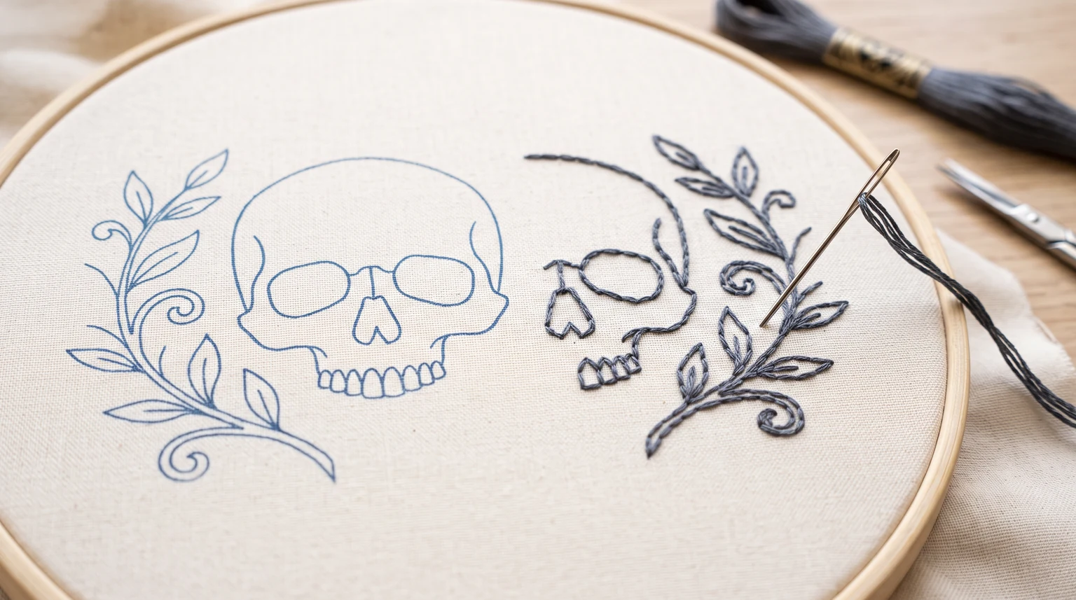 Simplified skull and botanical outlines beside a partly stitched skull and branch in a hoop