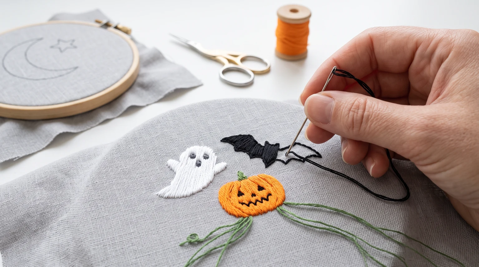Hand stitching a black bat near small white ghost and orange pumpkin samples
