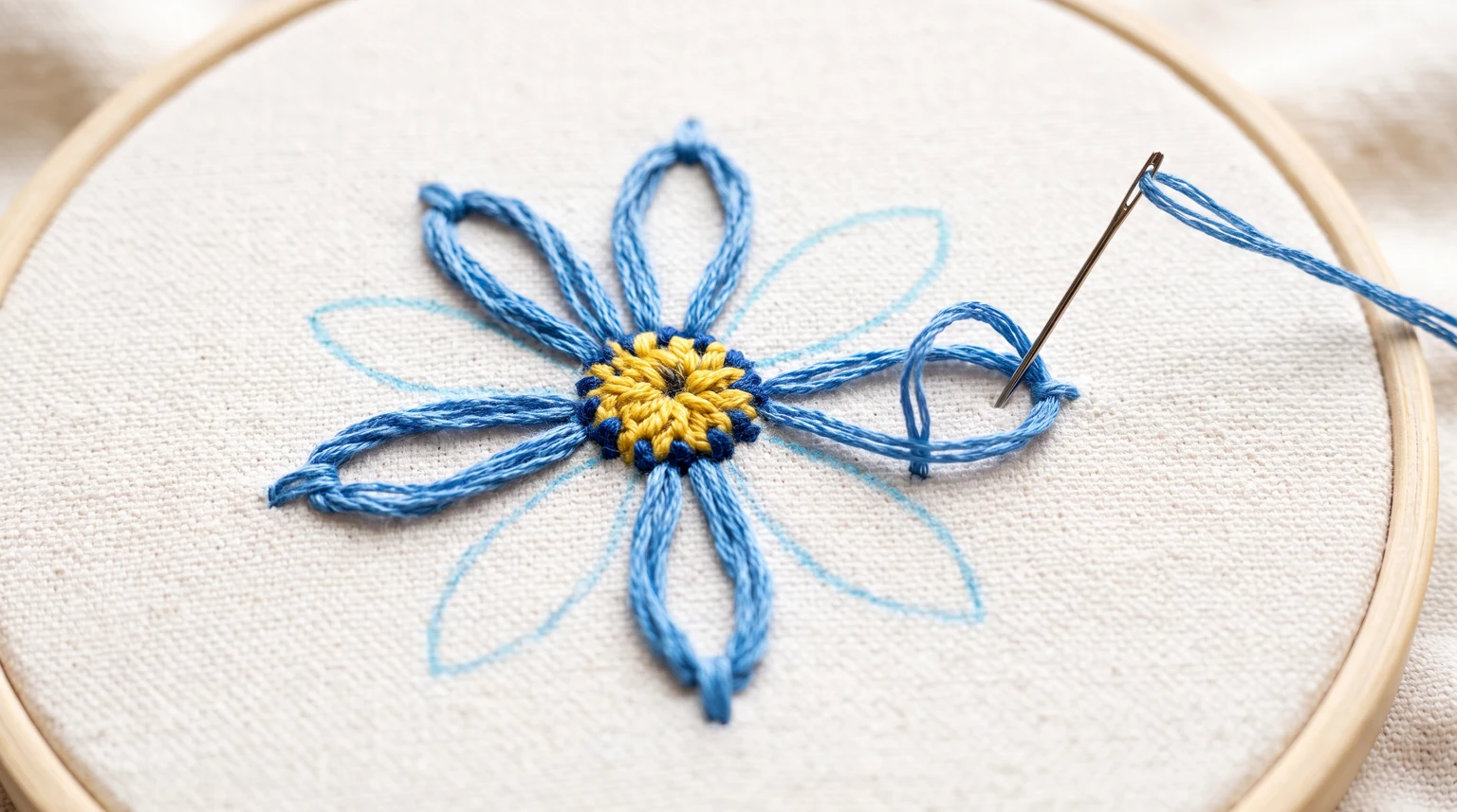 Partly stitched blue flower with several completed loop petals and remaining faint petal outlines