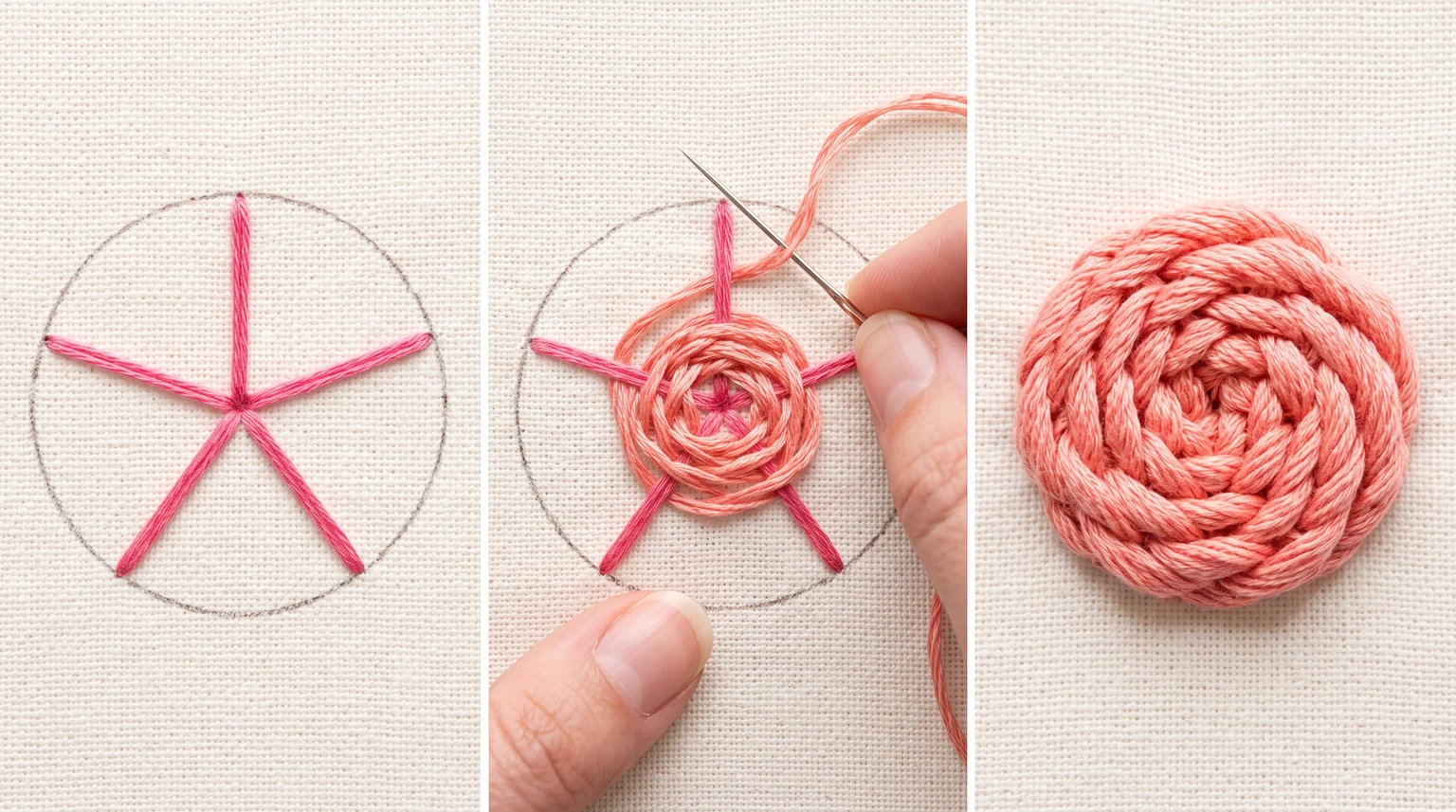 Three views showing five foundation spokes, a partly woven rose and the finished coral flower