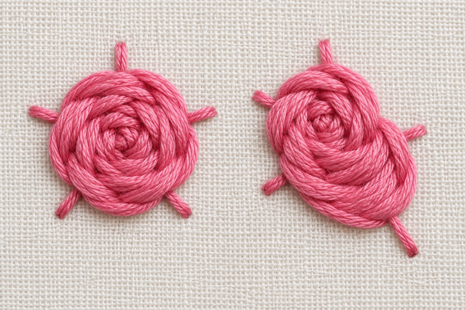 Two pink woven roses comparing a balanced round shape with an uneven off-center shape