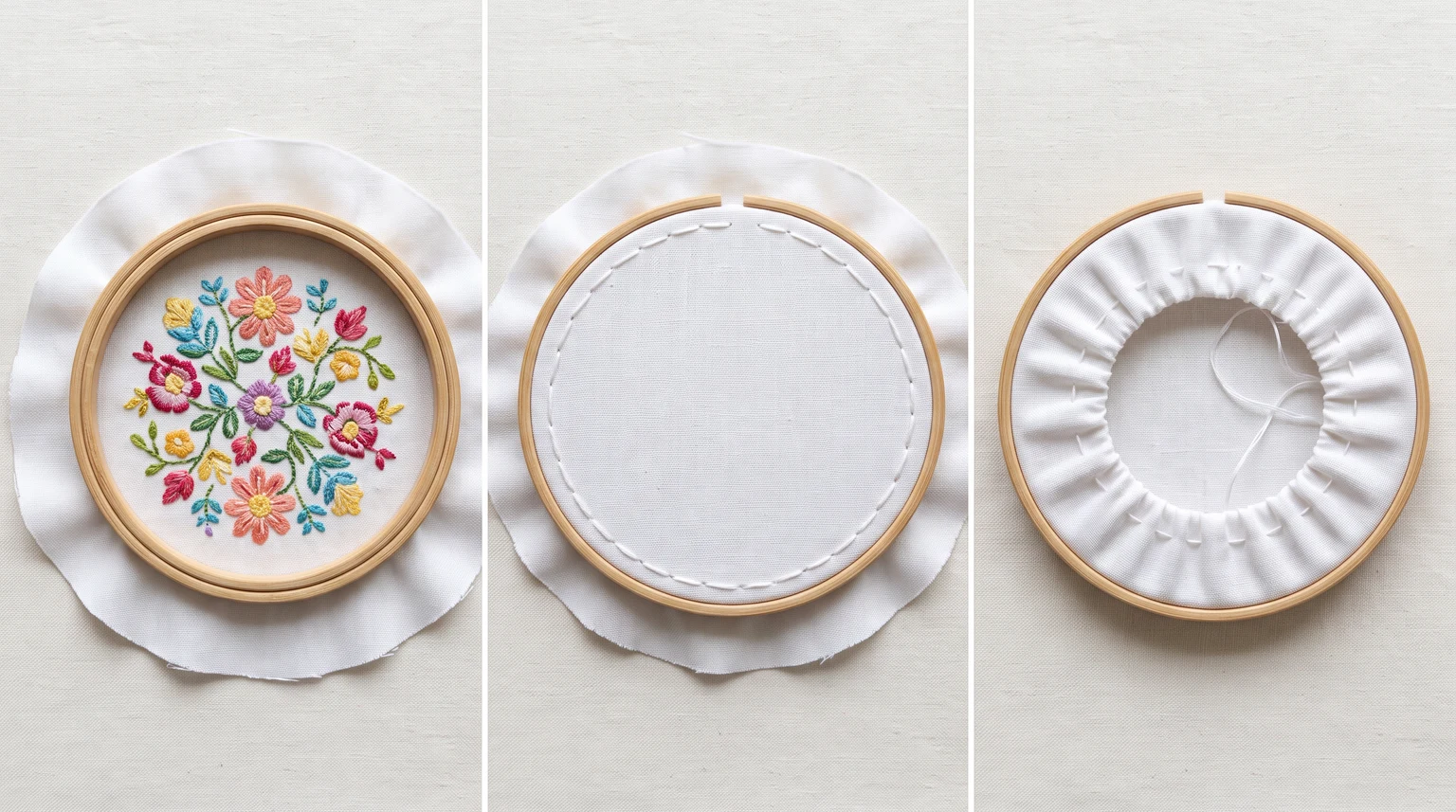 Three hoop views showing the embroidered front, a circular gathering seam and fabric drawn inward