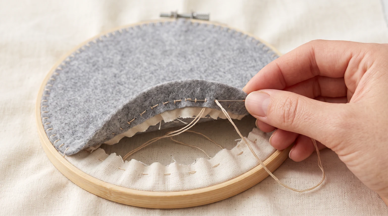 Hand attaching a felt backing disk with small stitches while part of the gathered fabric remains visible