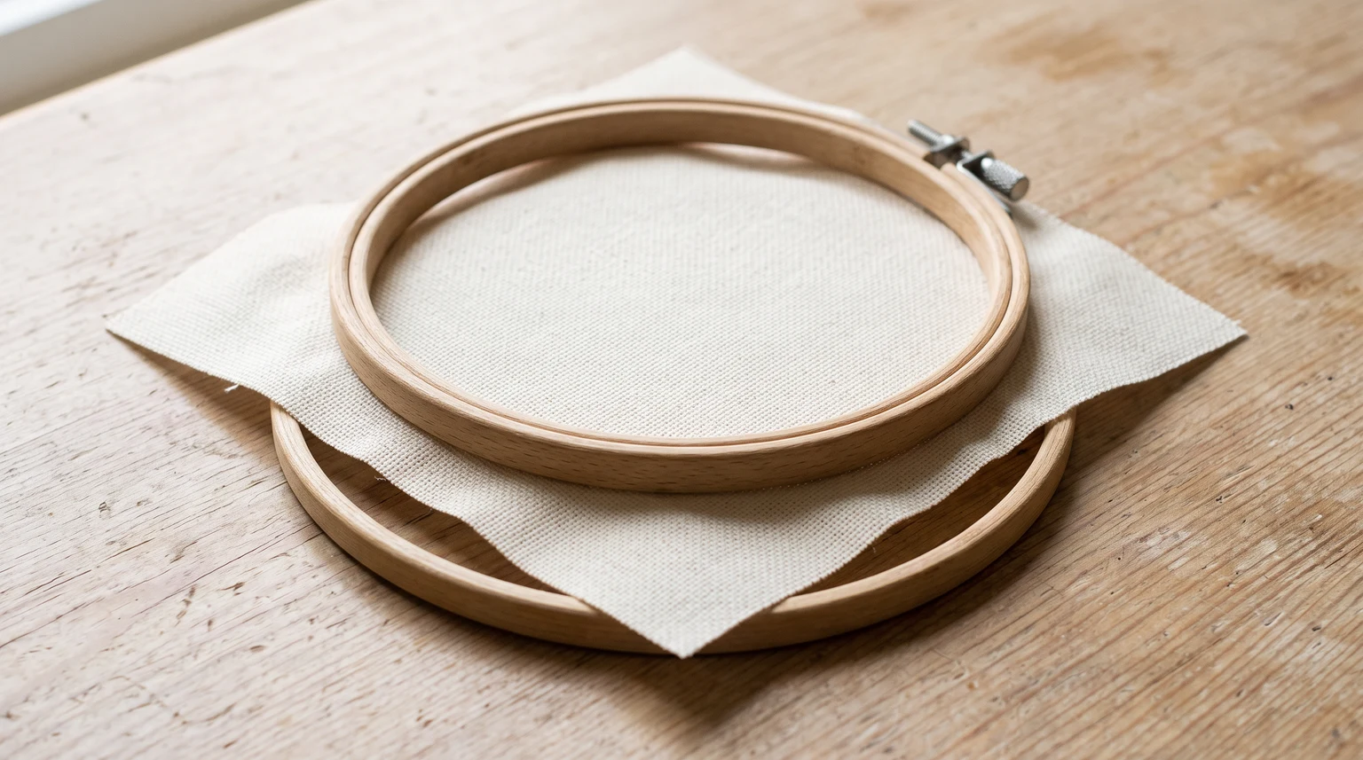 Loose wooden hoop rings with a square fabric allowance spread between them