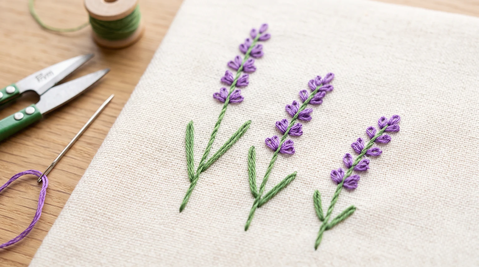 Three lavender sprigs of different heights with purple buds and fine green stems