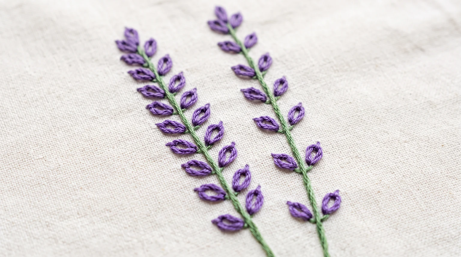 Close view of two purple lavender bud columns along green stems