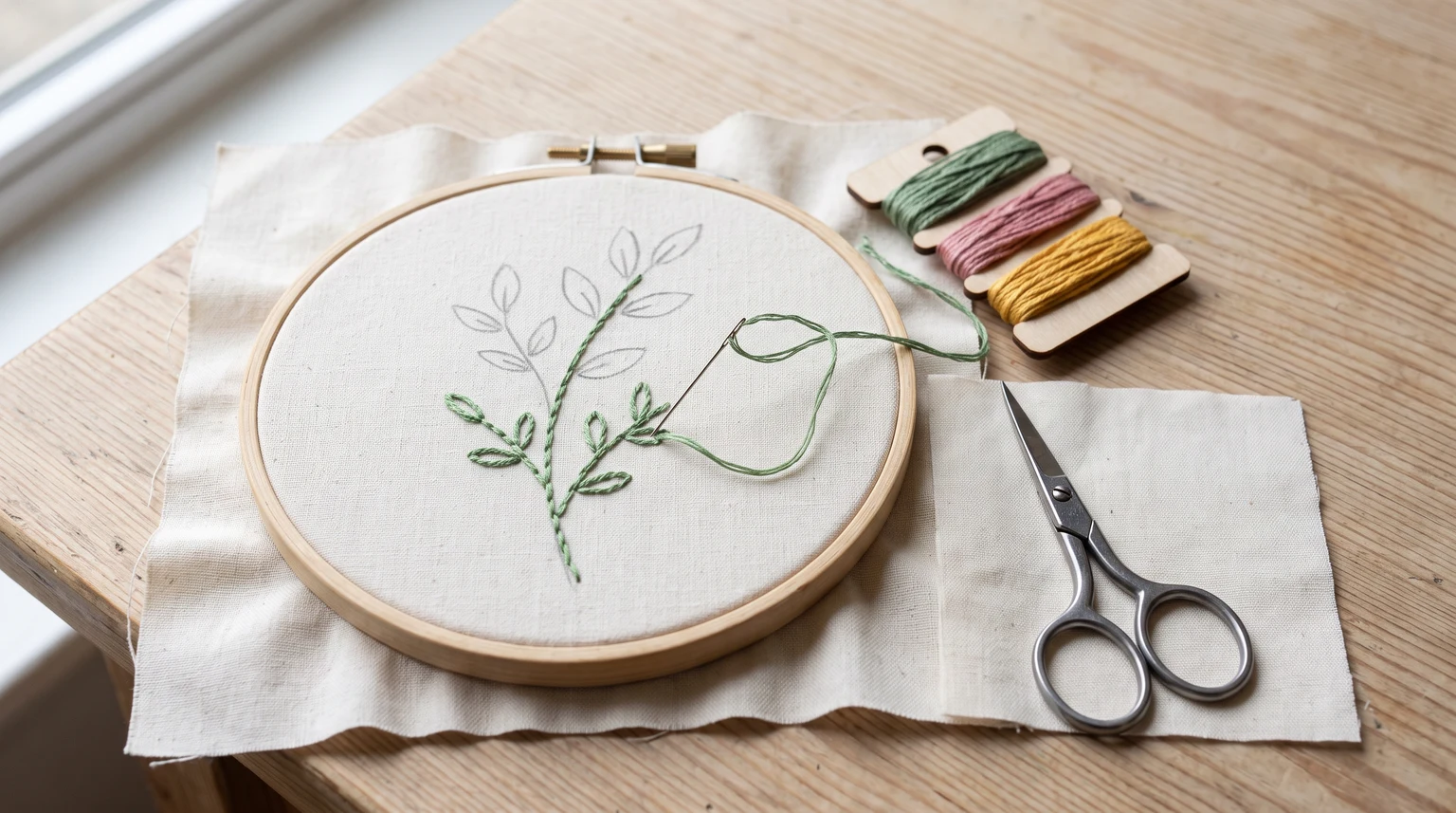 Partly stitched green sprig in a hoop beside floss and scissors