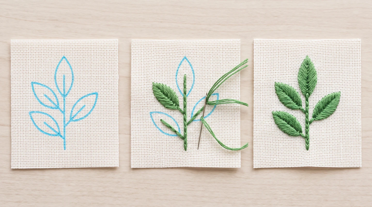 Three sprig samples showing a drawn outline, partial stitching and a finished green sprig