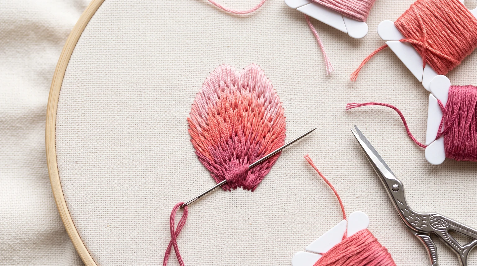 Small petal-shaped fill blending pale pink, coral and dark rose through staggered stitches