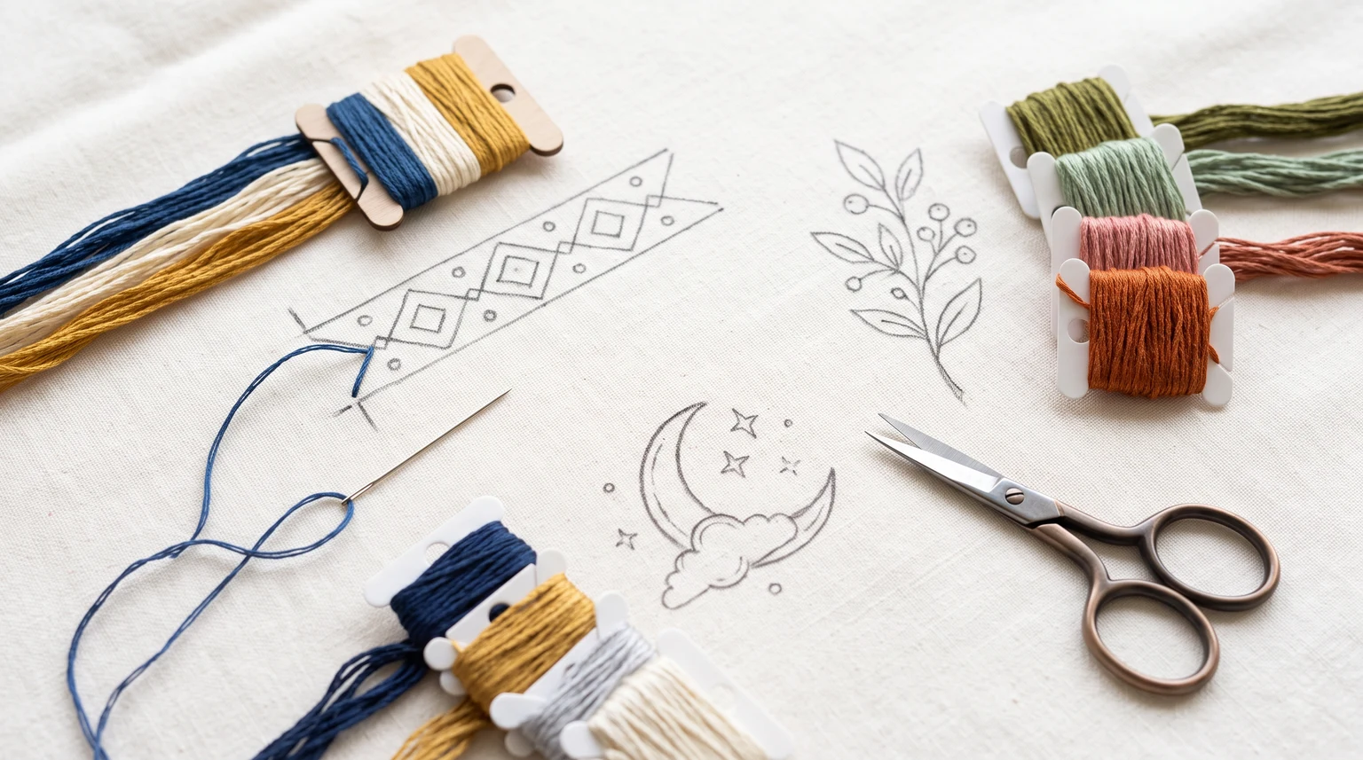 Original-style geometric border, sprig and crescent sketches beside blue, gold, green and rust floss bobbins