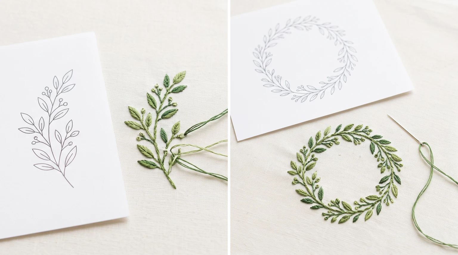 Leafy sprig and circular wreath drawings beside stitched interpretations of both layouts